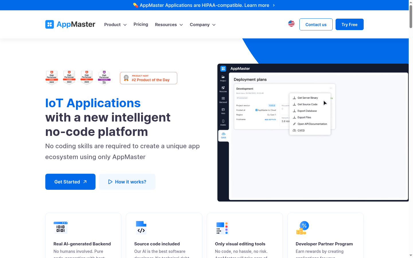 Screenshot of the AppMaster landing page, captured by App Builder Index