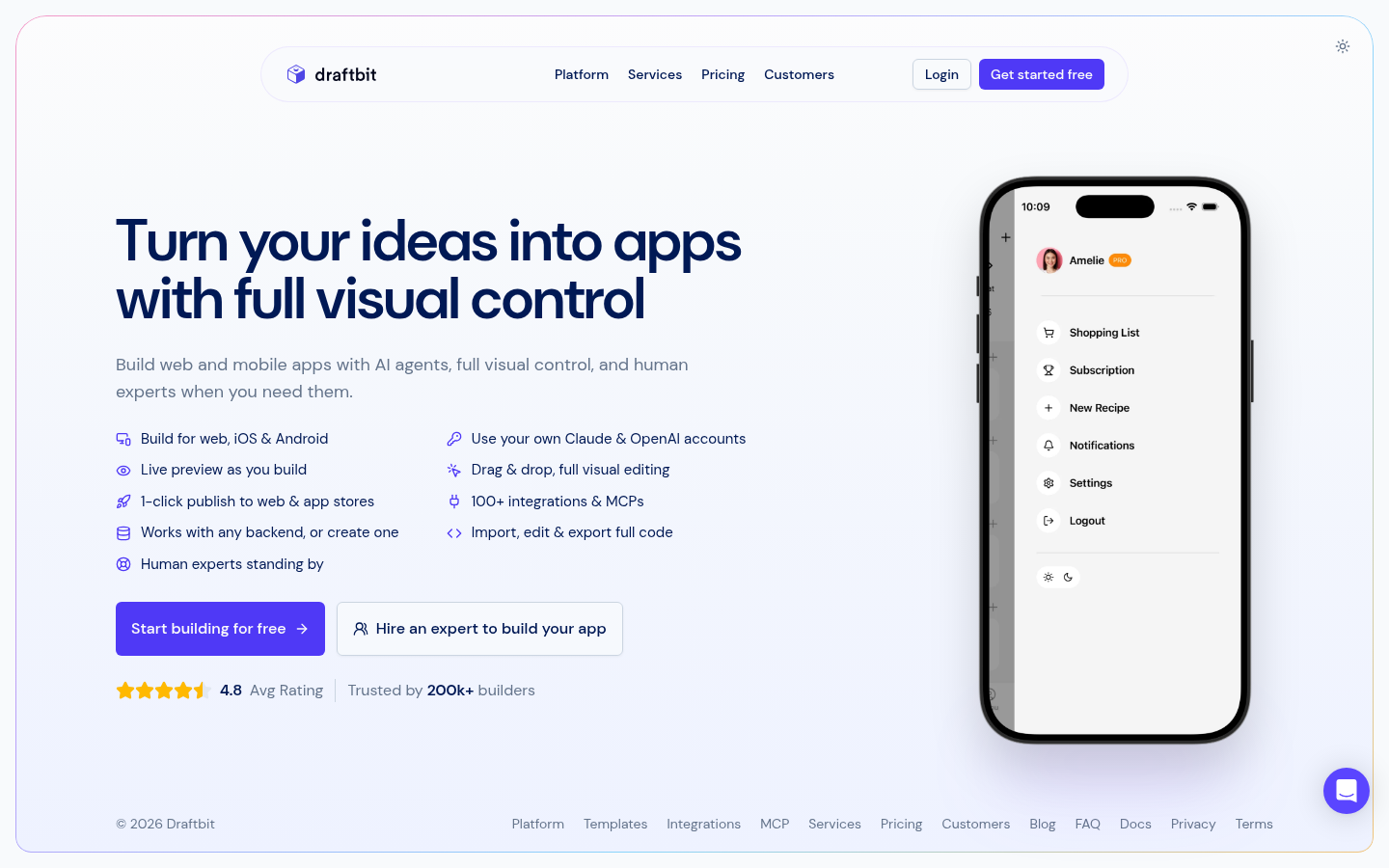 Screenshot of the Draftbit landing page, captured by App Builder Index