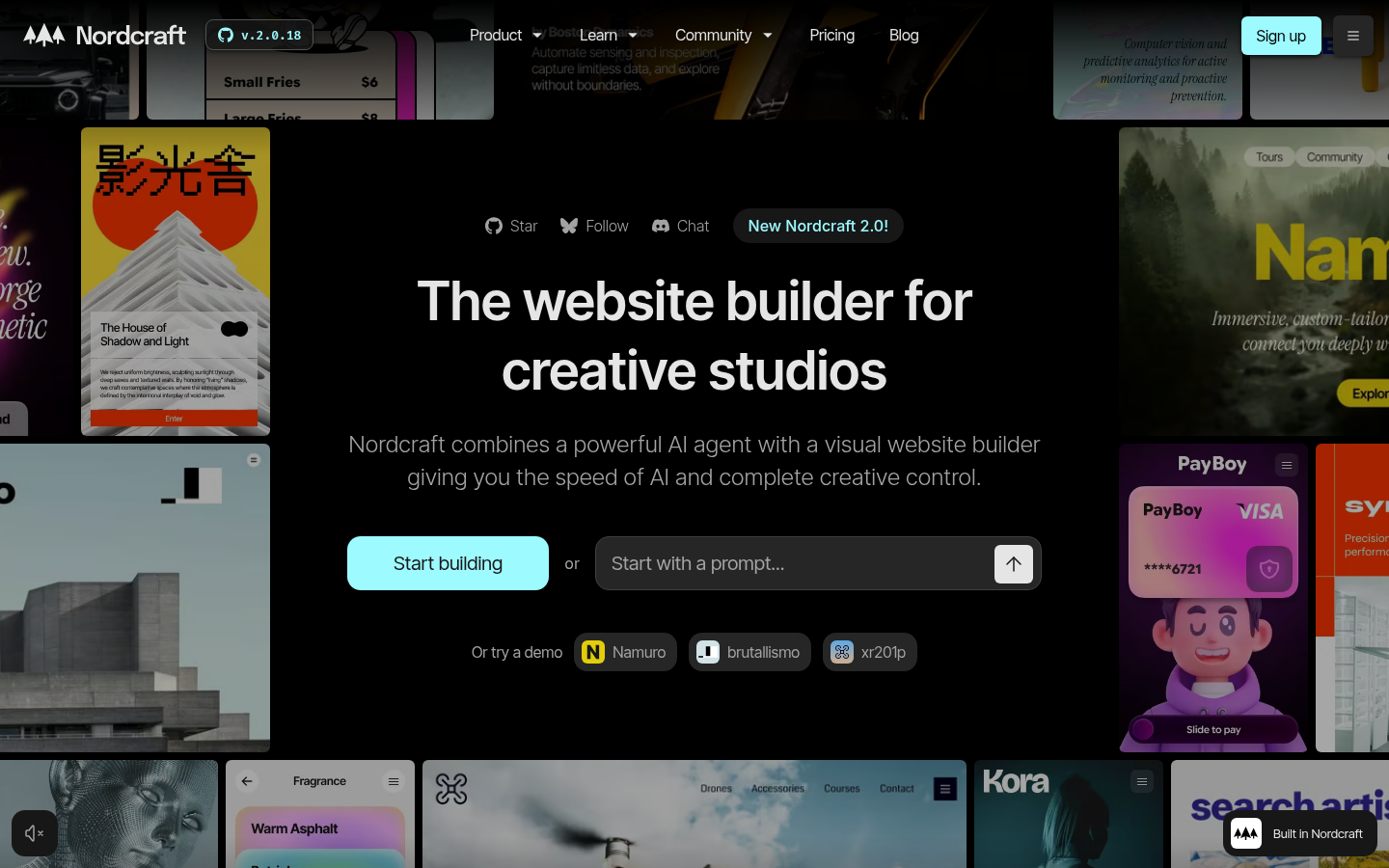 Screenshot of the Nordcraft landing page, captured by App Builder Index