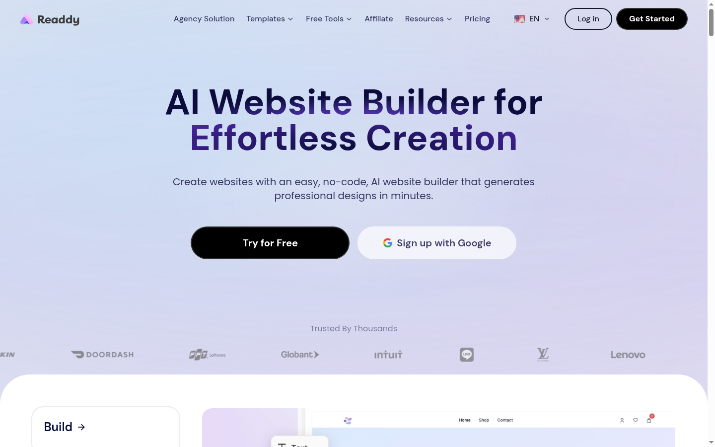 Screenshot of the Readdy landing page, captured by App Builder Index