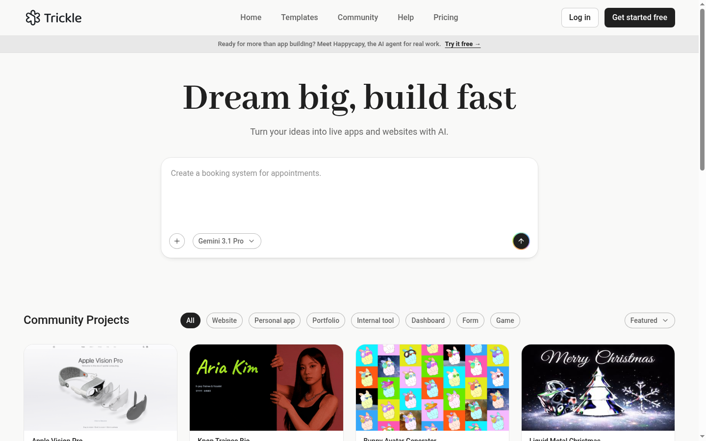 Screenshot of the Trickle landing page, captured by App Builder Index